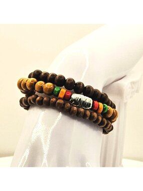 Wood Bead Bracelet Stack, Unisex Boho Beaded Bracelet, Earth Tone Surfer